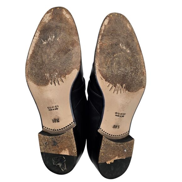 Gucci Worsh Black Leather Chelsea Ankle Boot Size 38.5 US 8.5 Gold Buckle Brogue - Picture 10 of 11